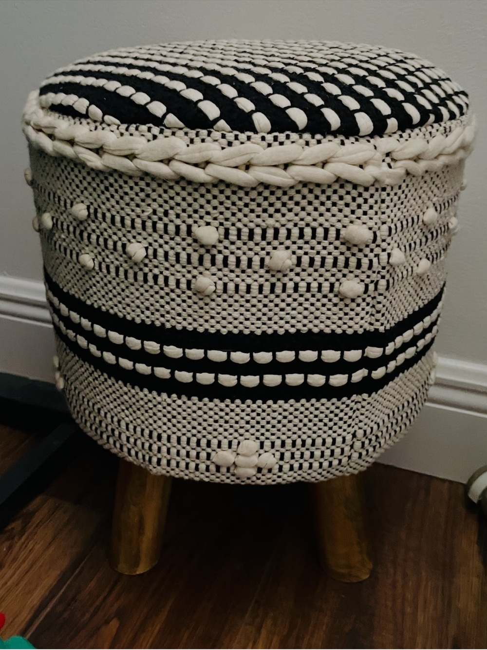 Handcrafted woven boho black and cream Pom Pom wood legs stool seat table NWT - Picture 8 of 14